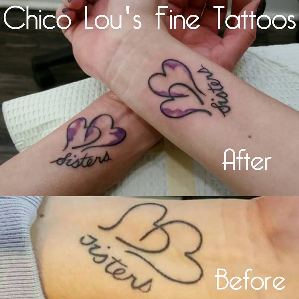 Sisters tattoo fix up by Chico Lou's Fine Tattoos shop in Athens Georgia GA. Artist - Sara Fogle