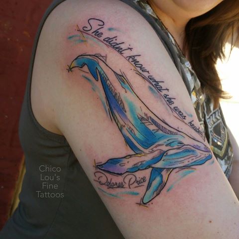 Watercolor whale by Chico Lou's Fine Tattoos shop in Athens Georgia GA. Artist - Sara Fogle